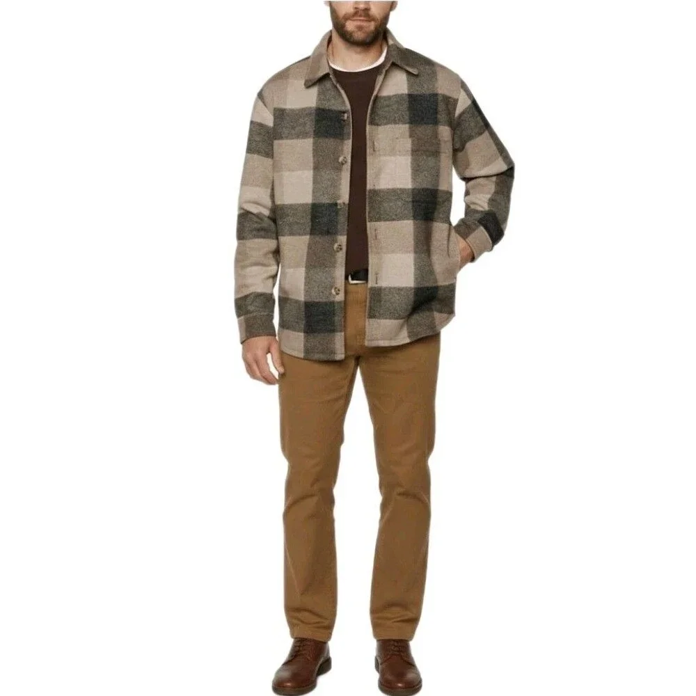 Banana Republic Heavyweight Shacket Tan Brown Plaid Button Shirt Jacket Men's M